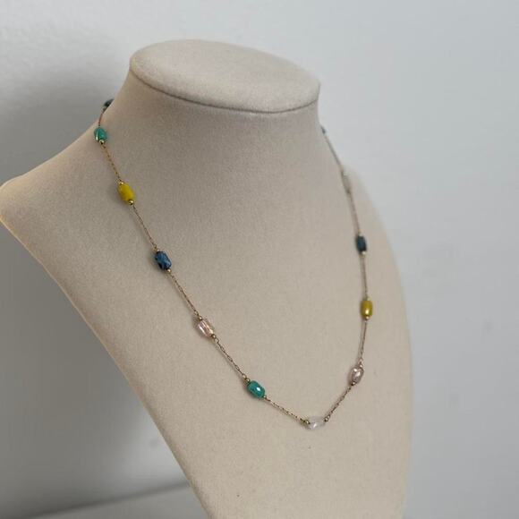 Other Jewelry - Gold Tone Beaded Necklace Blue Yellow Beads Colorful Jewelry Gift